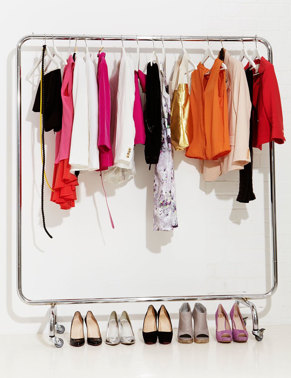 Clothes hanger, Closet, Pink, Room, Footwear, Boutique, Wardrobe, Furniture, Shoe, Shoe organizer, 