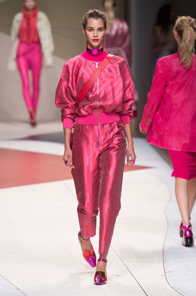 Clothing, Footwear, Fashion show, Red, Runway, Textile, Outerwear, Magenta, Pink, Fashion model, 