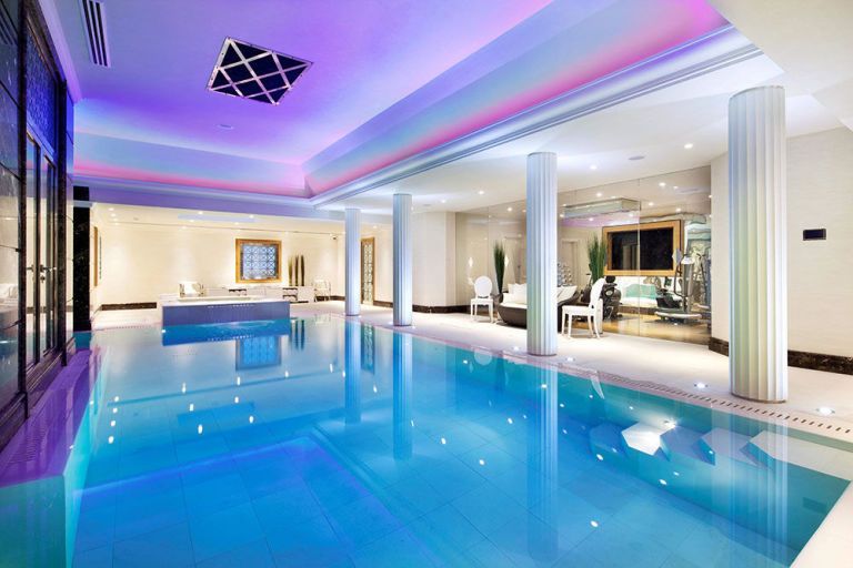 Swimming pool, Blue, Property, Interior design, Ceiling, Room, Purple, Real estate, Azure, Violet, 