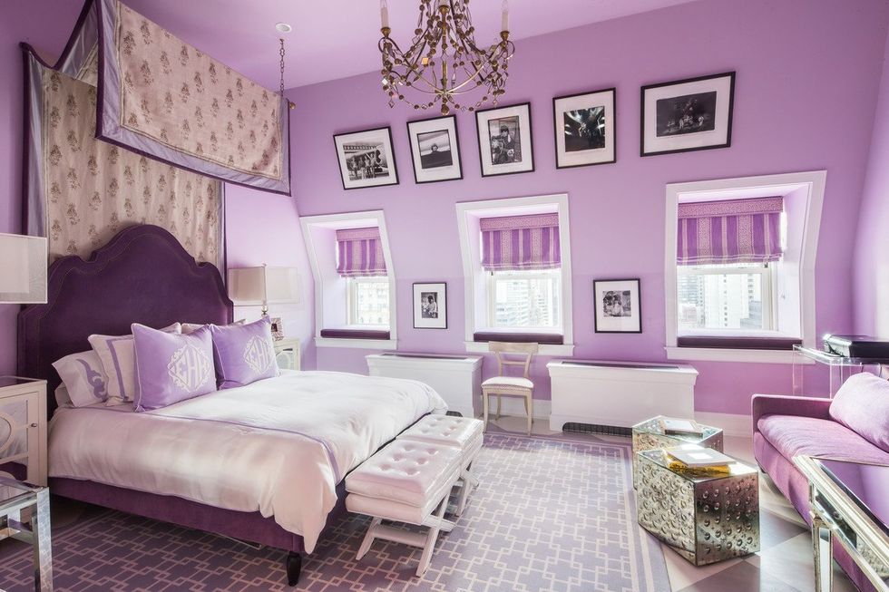 Room, Interior design, Floor, Property, Wall, Purple, Furniture, Textile, Bed, Home, 