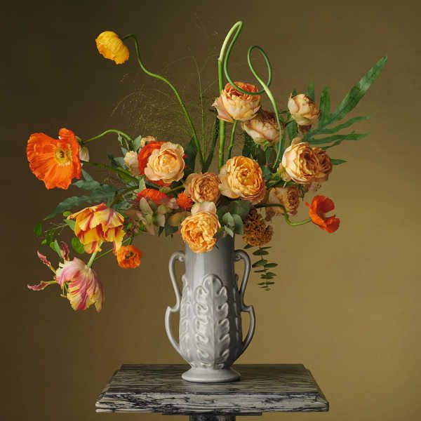 Serveware, Flower, Petal, Flowering plant, Botany, Artifact, Vase, Still life photography, Orange, Flower Arranging, 