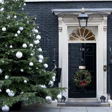 Christmas decoration, Door, Christmas tree, Holiday, Home door, Christmas ornament, Fixture, House, Christmas eve, Christmas, 