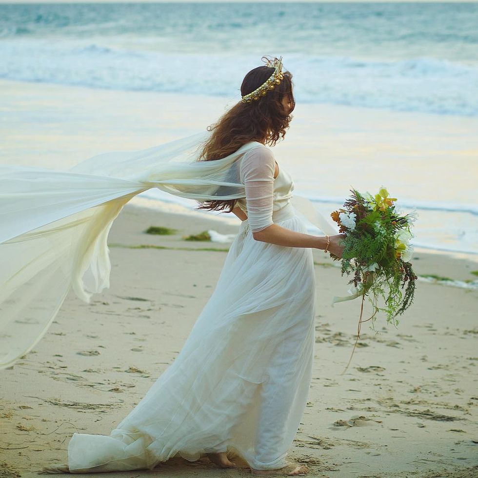 Clothing, Photograph, People on beach, Bridal clothing, Dress, People in nature, Summer, Coastal and oceanic landforms, Wedding dress, Bride, 