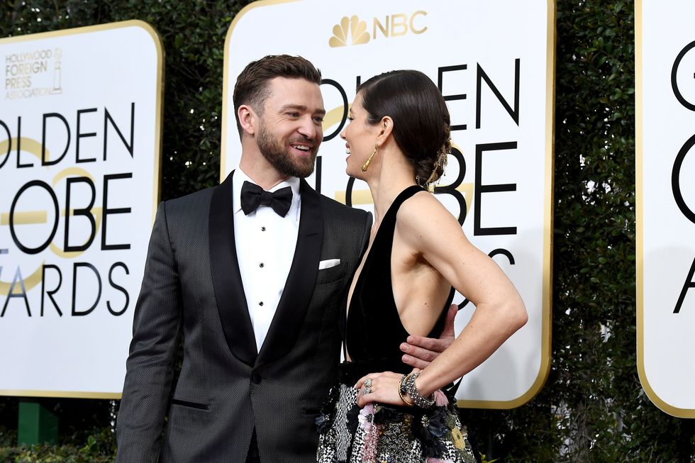 BEVERLY HILLS, CA - JANUARY 08:  74th ANNUAL GOLDEN GLOBE AWARDS -- Pictured: (l-r) Singer/actor Justin Timberlake and actress Jessica Biel arrive to the 74th Annual Golden Globe Awards held at the Beverly Hilton Hotel on January 8, 2017.  (Photo by Kevork Djansezian/NBC/NBCU Photo Bank via Getty Images)