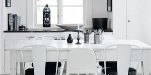 Room, Interior design, Table, Furniture, White, Style, Wall, Floor, Black-and-white, Dining room, 