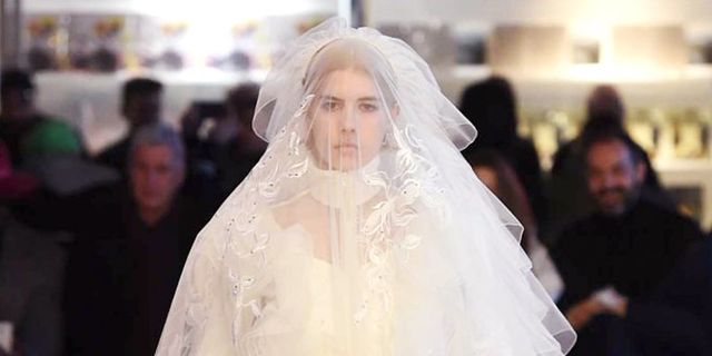 Bridal veil, Veil, Bridal clothing, Floor, Dress, Gown, Bride, Formal wear, Flooring, Wedding dress, 