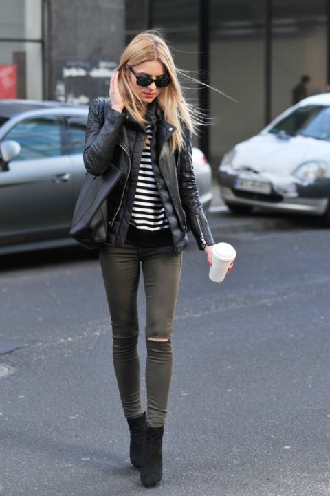 Clothing, Street fashion, Footwear, Leather, Jeans, Snapshot, Fashion, Jacket, Boot, Knee-high boot, 