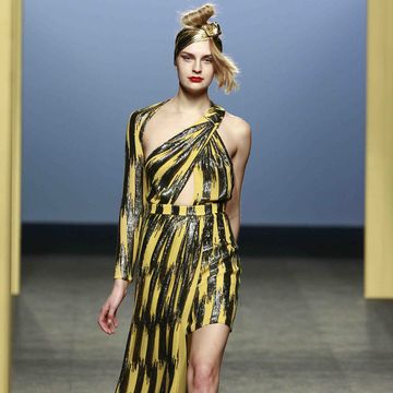 Clothing, Yellow, Shoulder, Dress, Joint, One-piece garment, Style, Fashion model, Fashion, Day dress, 