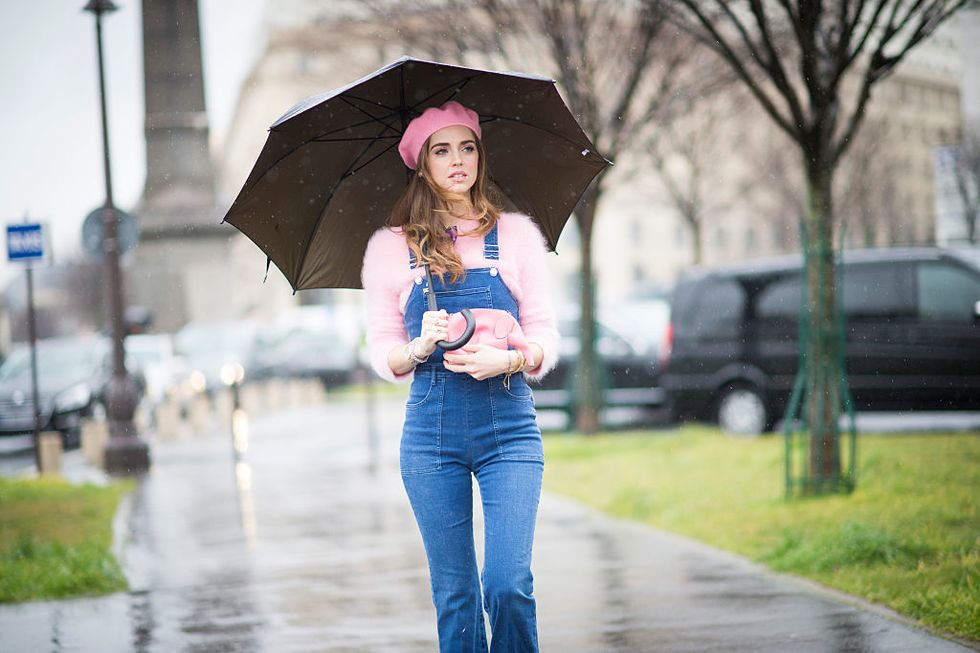Umbrella, Photograph, Pink, Blue, Jeans, Rain, Street fashion, Beauty, Denim, Fashion, 