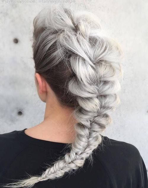 Hairstyle, Braid, Style, Neck, Long hair, Beauty, Grey, Hair coloring, French braid, Blond, 