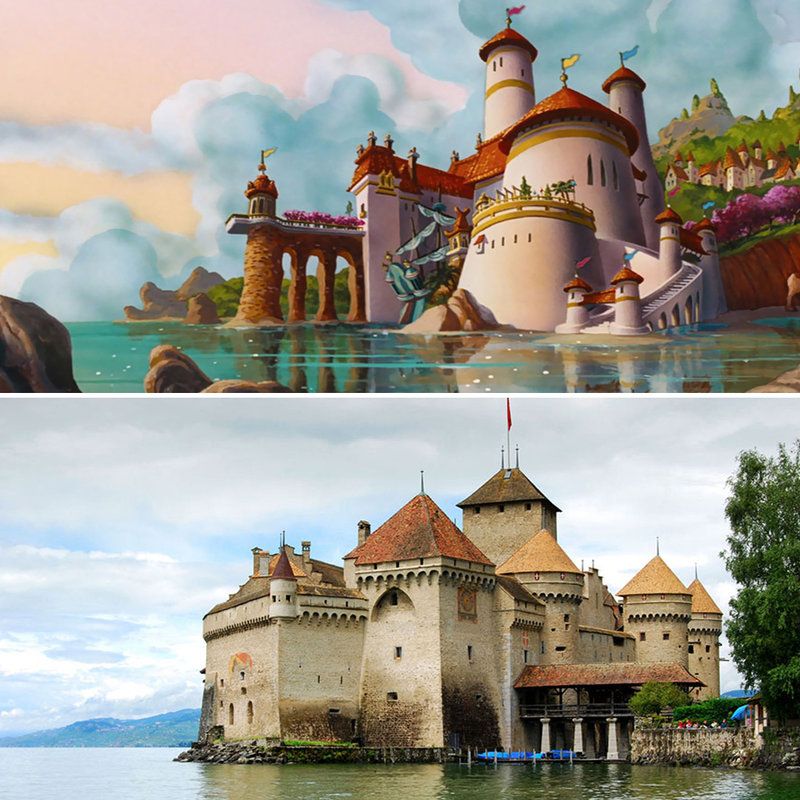 Landmark, Water castle, Watercolor paint, Castle, Art, Illustration, Waterway, Sky, Building, Château, 