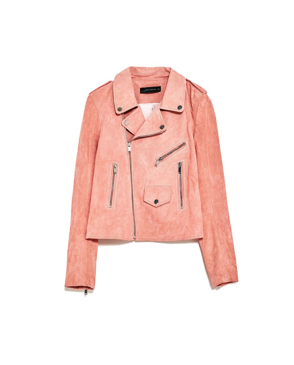 Clothing, Jacket, Outerwear, Pink, Leather, Leather jacket, Sleeve, Beige, Peach, Coat, 