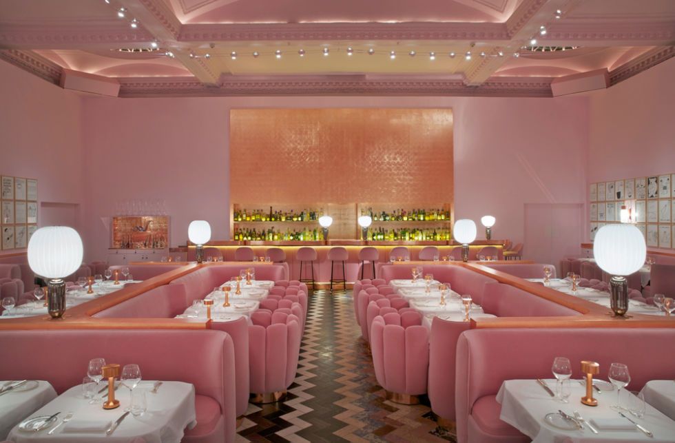 Decoration, Restaurant, Function hall, Pink, Interior design, Lighting, Ceiling, Room, Building, Table, 