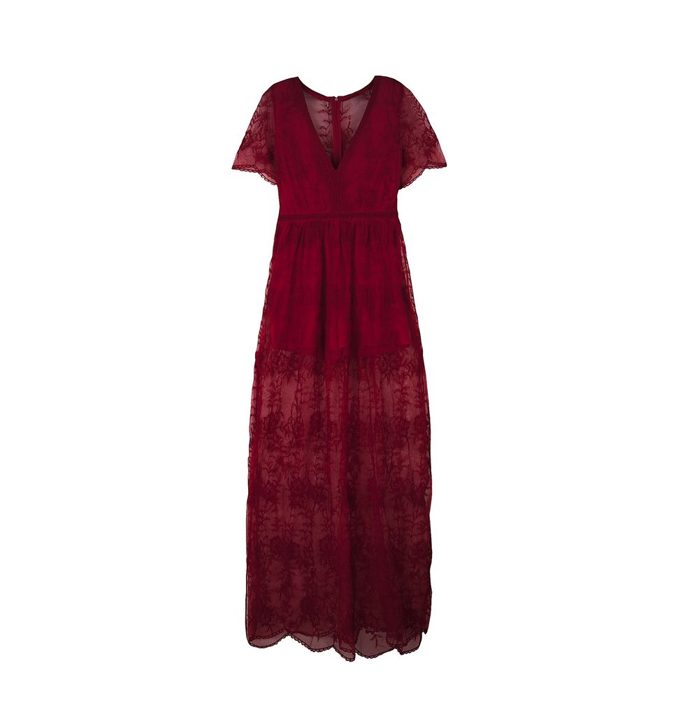 Clothing, Dress, Day dress, Maroon, Red, Cocktail dress, Formal wear, Sleeve, Gown, One-piece garment, 
