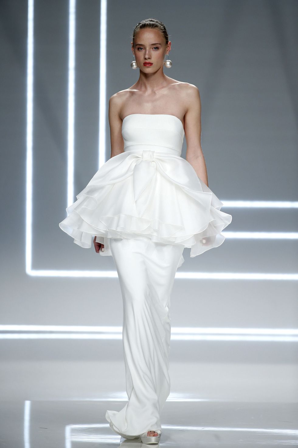 Clothing, Fashion model, Dress, White, Shoulder, Wedding dress, Fashion, Gown, Bridal party dress, Bridal clothing, 