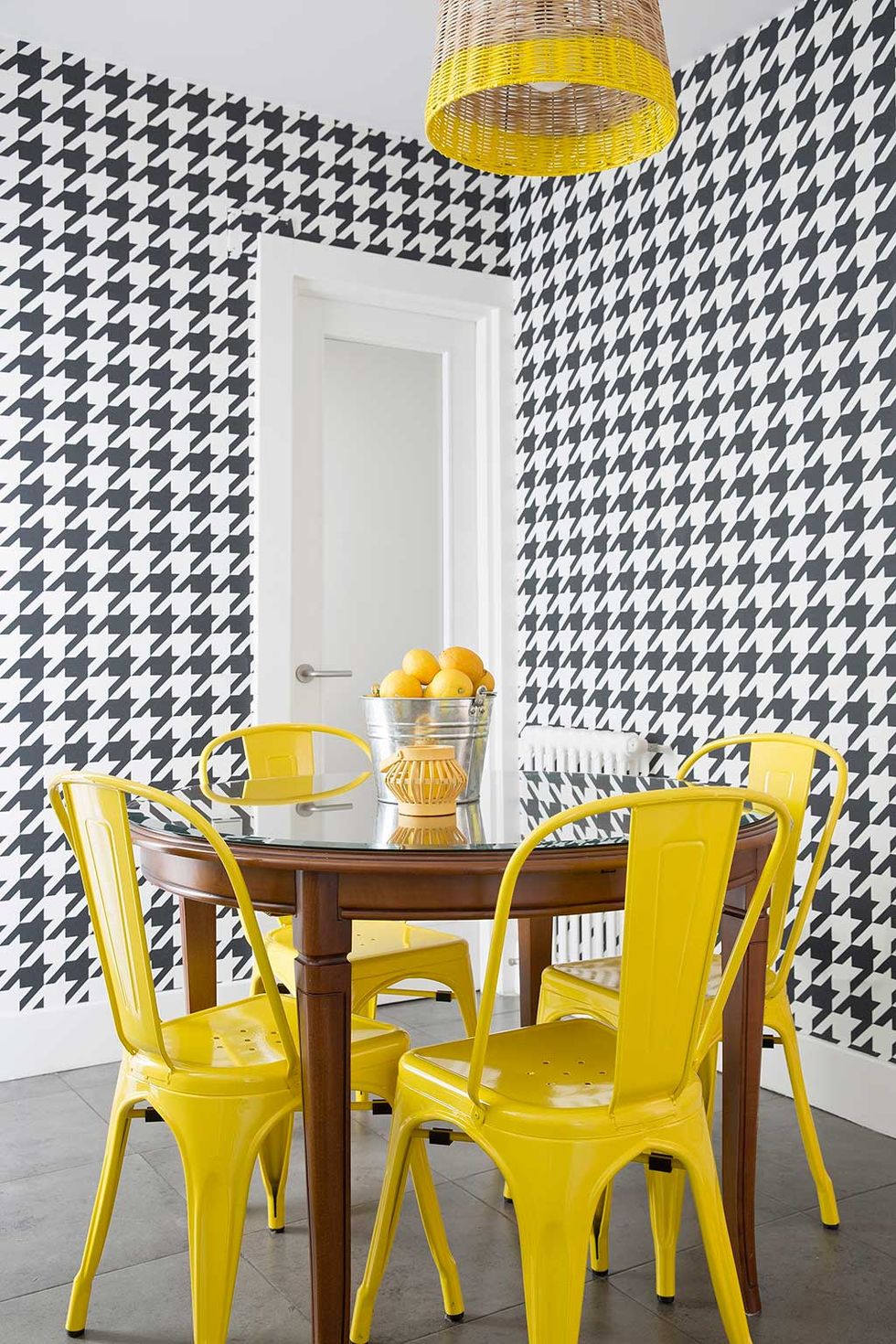Yellow, Orange, Room, Furniture, Table, Dining room, Chair, Wall, Interior design, Wallpaper, 
