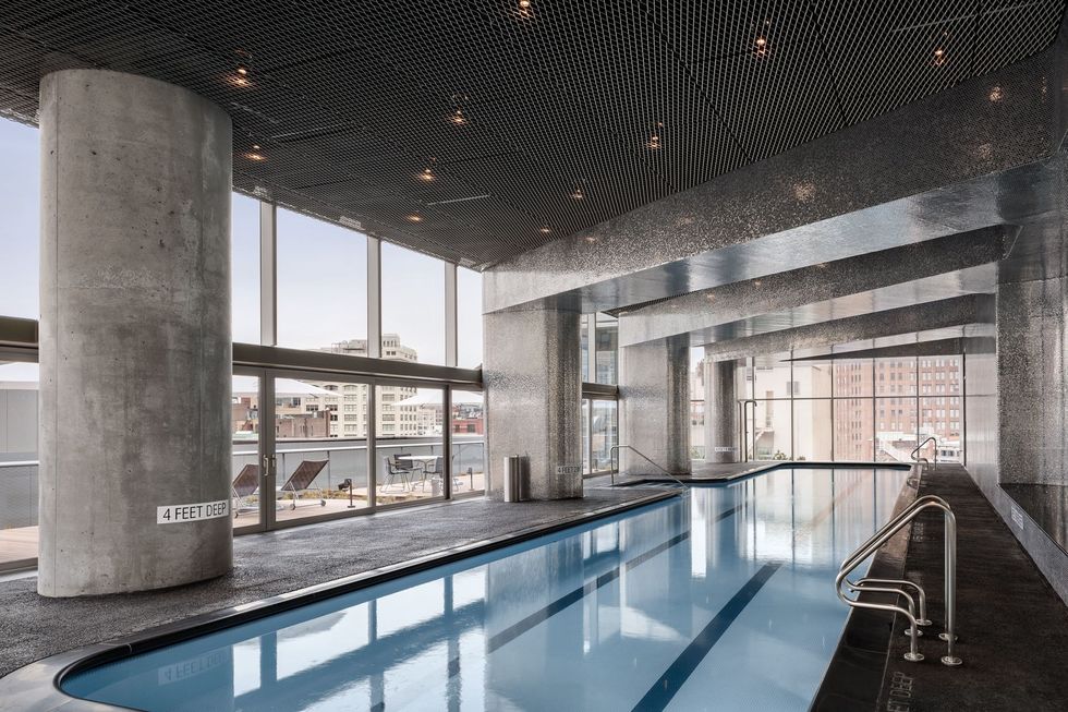 Building, Architecture, Swimming pool, Ceiling, Interior design, House, Room, Lobby, Floor, Home, 
