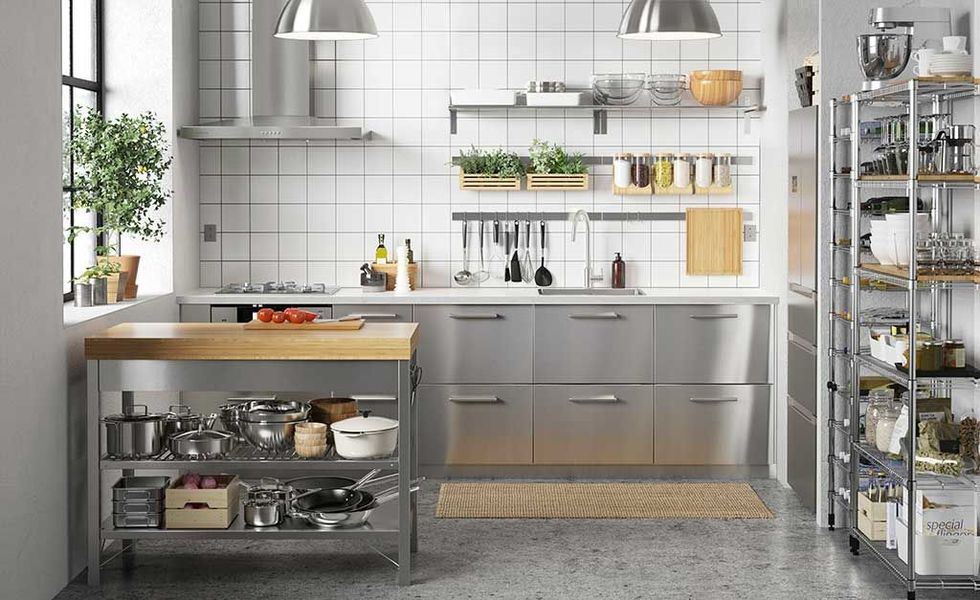 Room, Kitchen, Cabinetry, Grey, House, Kitchen appliance, Light fixture, Kitchen appliance accessory, Shelf, Shelving, 