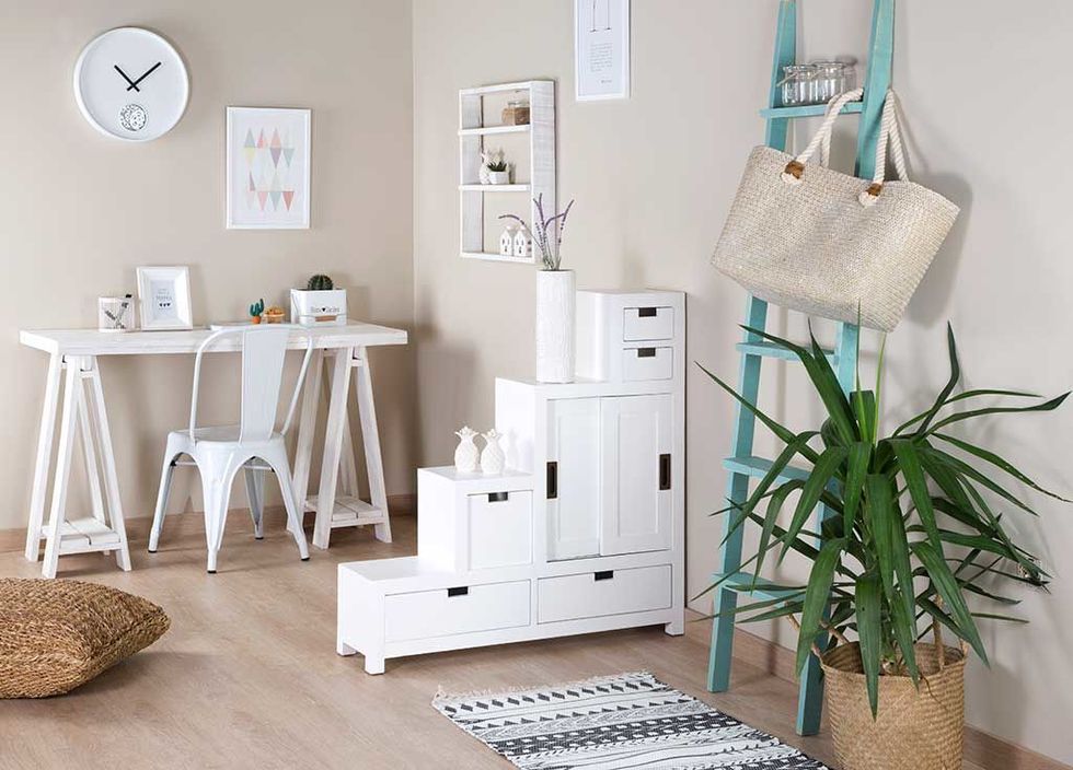 White, Furniture, Room, Product, Floor, Interior design, Table, Chest of drawers, Shelf, Flooring, 