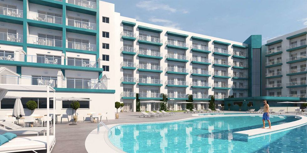 Swimming pool, Condominium, Building, Apartment, Real estate, Aqua, Resort, Azure, Mixed-use, Turquoise, 