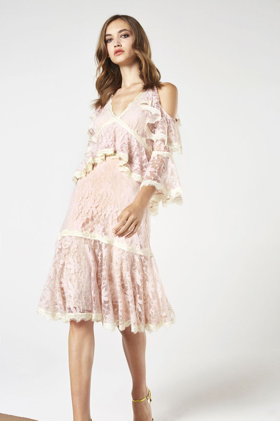 Clothing, White, Shoulder, Dress, Fashion model, Pink, Joint, Cocktail dress, Ruffle, Day dress, 