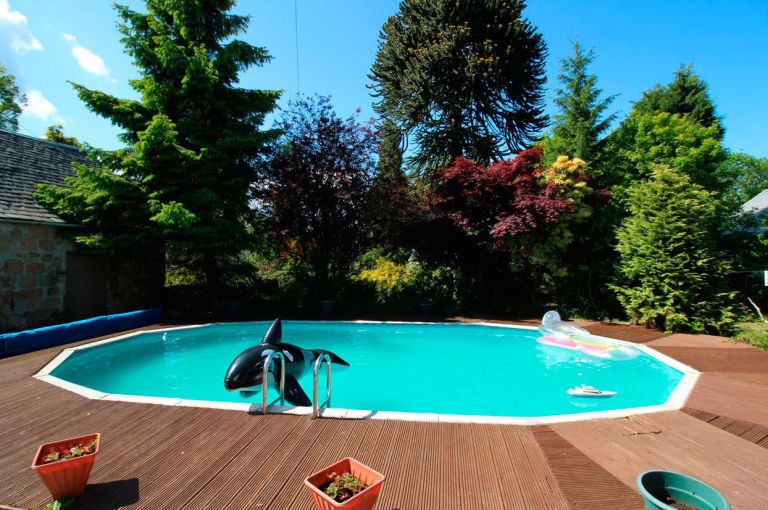 Swimming pool, Property, Leisure, House, Grass, Tree, Backyard, Real estate, Home, Building, 
