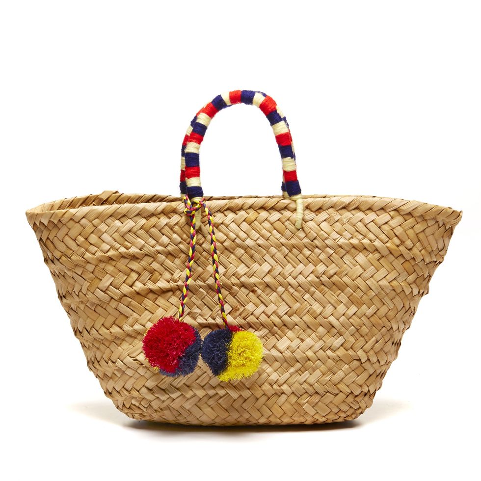 Handbag, Bag, Yellow, Fashion accessory, Tote bag, Wicker, Beige, Shoulder bag, Basket, Pattern, 