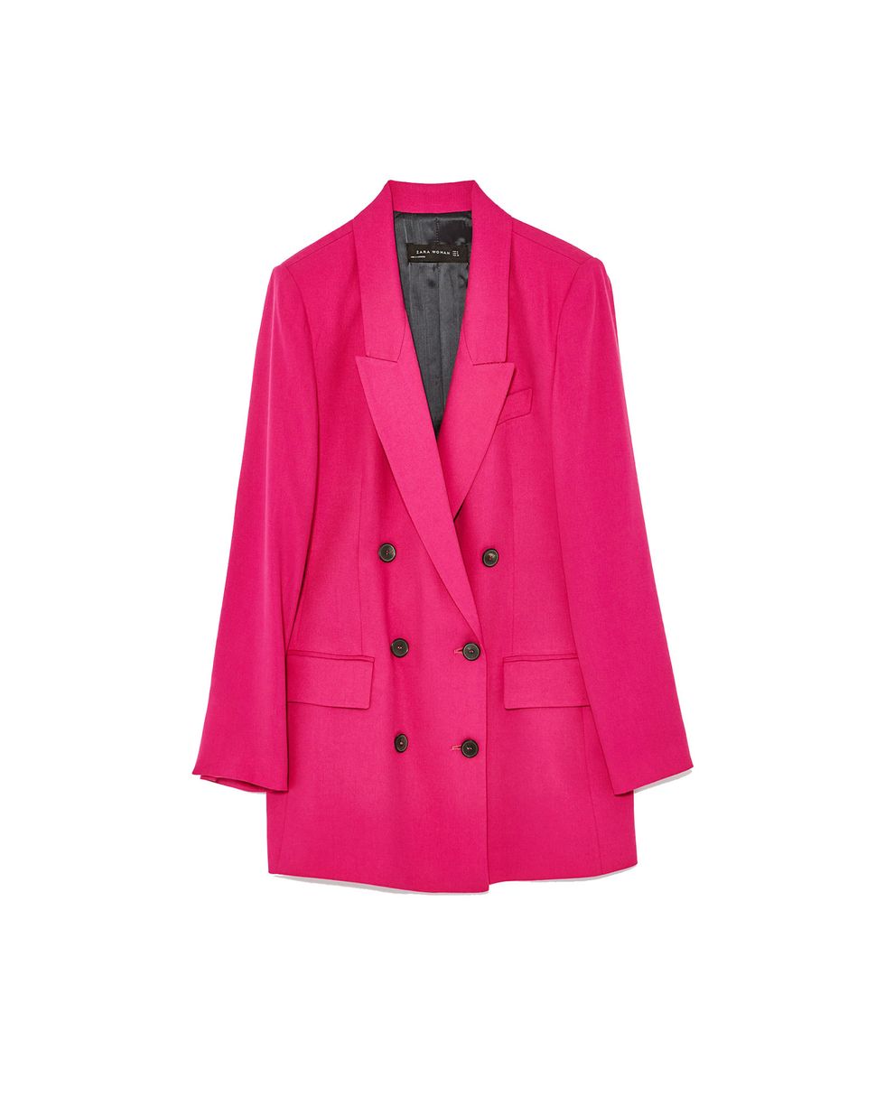 Clothing, Outerwear, Blazer, Pink, Jacket, Sleeve, Button, Magenta, Coat, Suit, 