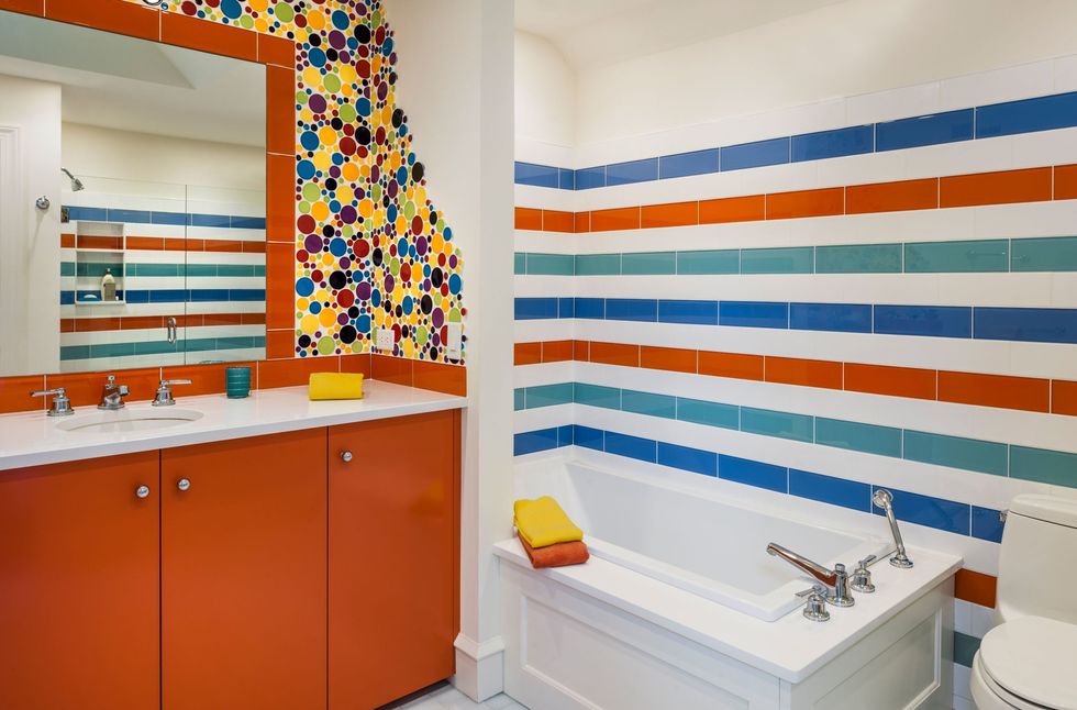 Orange, Room, Blue, Bathroom, Yellow, Property, Tile, Interior design, Wall, Furniture, 