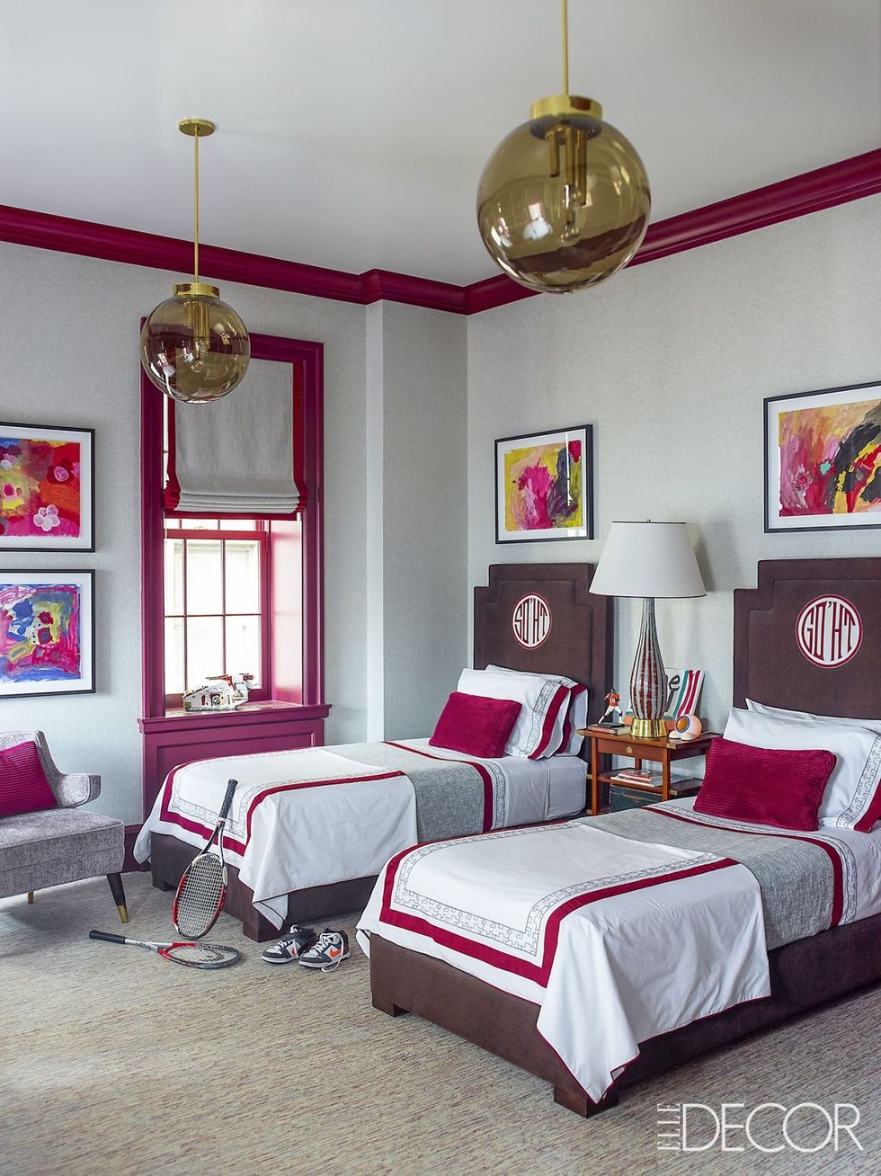Room, Interior design, Floor, Property, Red, Textile, Wall, Furniture, Bedding, Linens, 