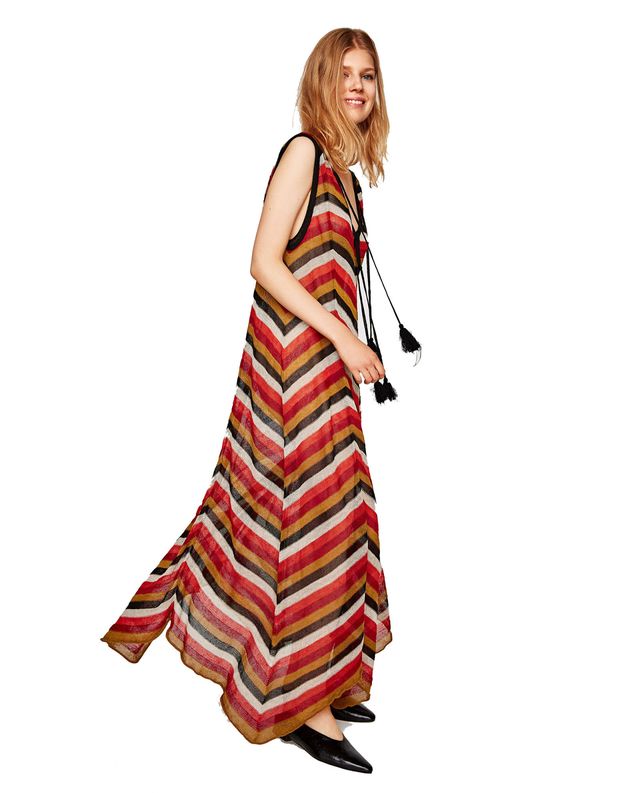 Clothing, Day dress, Dress, Footwear, Peach, Fashion model, Neck, Cover-up, Pattern, Pattern, 