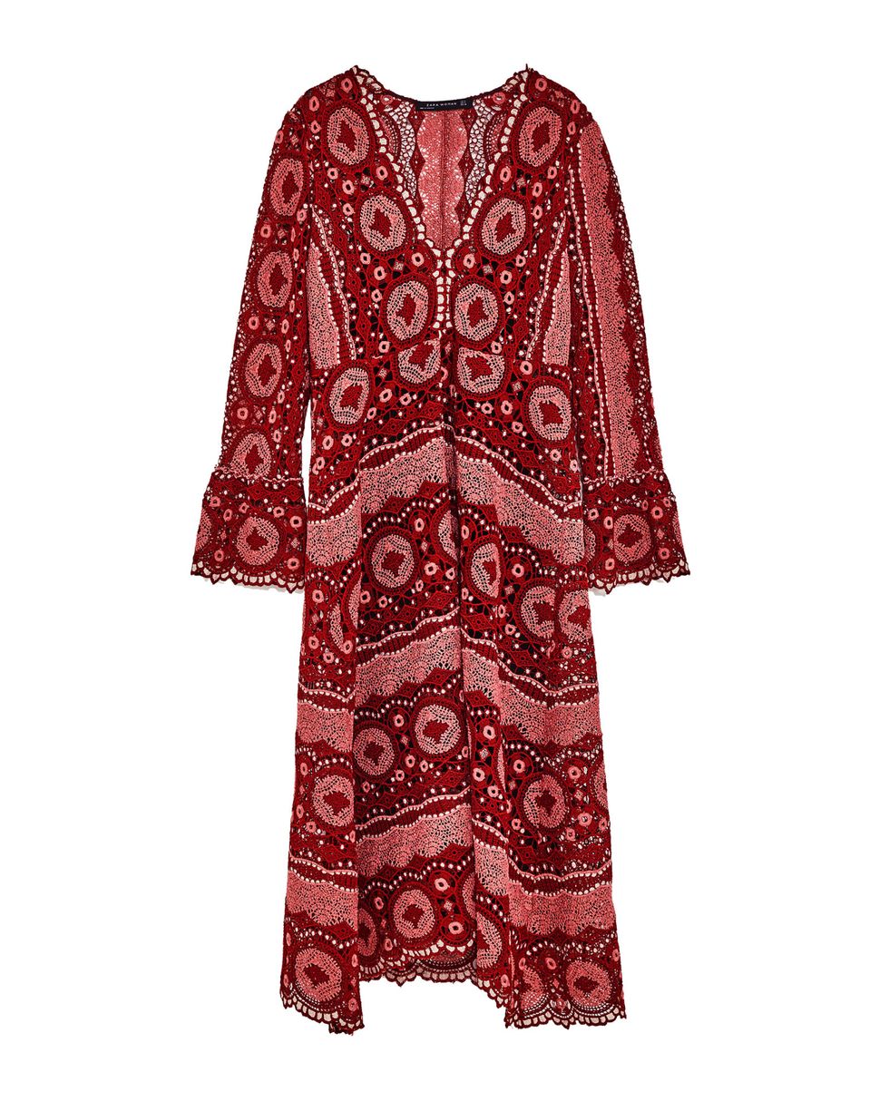 Clothing, Red, Maroon, Sleeve, Dress, Robe, Pattern, Day dress, Outerwear, Pattern, 
