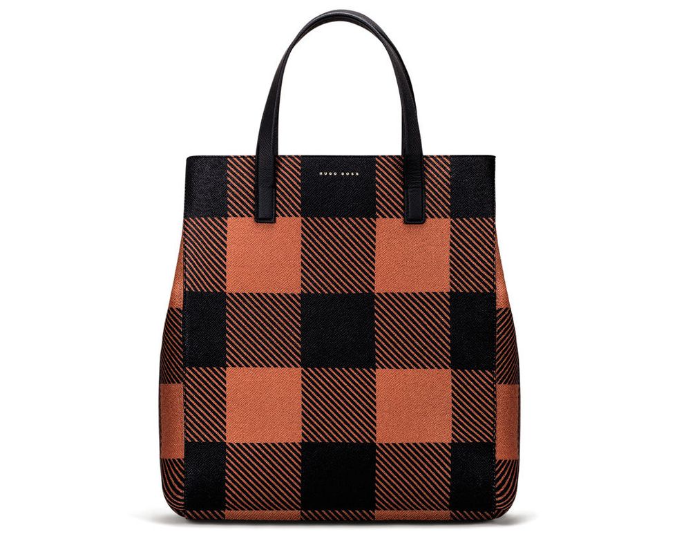 Handbag, Bag, Fashion accessory, Tote bag, Pattern, Orange, Brown, Plaid, Design, Tartan, 