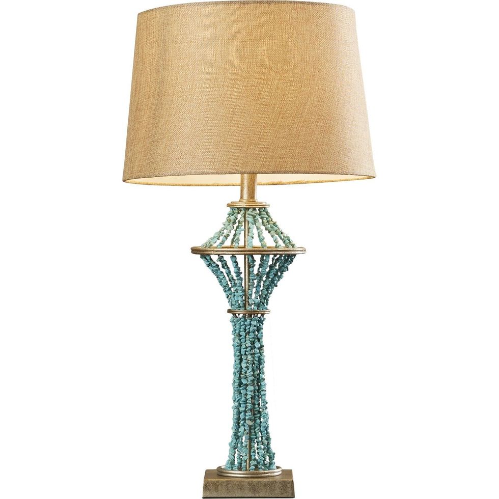 Lamp, Lampshade, Light fixture, Lighting, Lighting accessory, Table, Turquoise, Interior design, Beige, Furniture, 