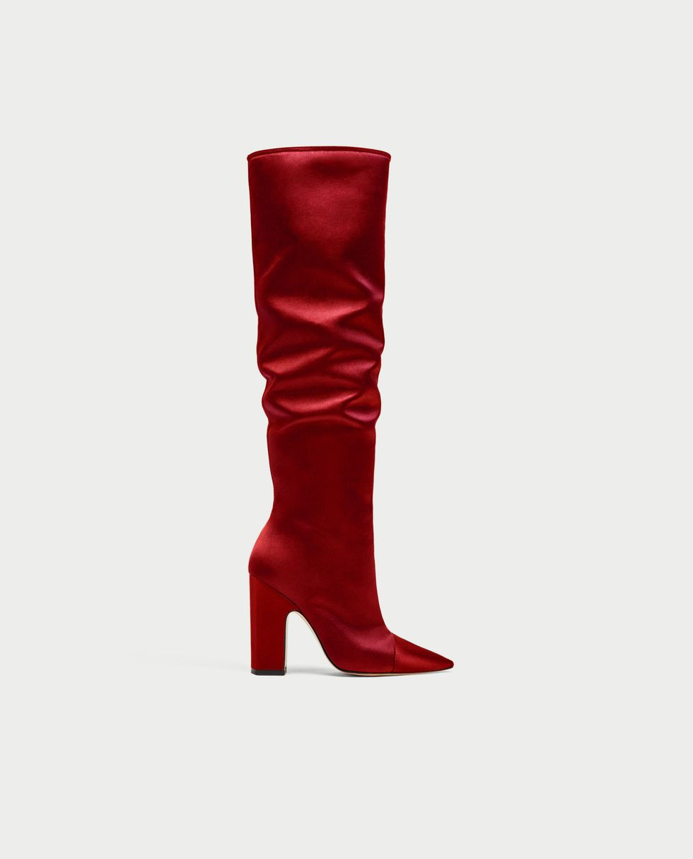 Footwear, Red, Knee-high boot, Boot, Shoe, High heels, Leather, Carmine, Leg, Costume accessory, 