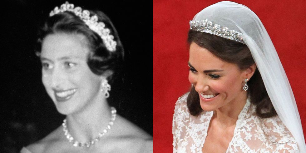 <p>This tiara was made by Cartier in 1936, and given to the Queen Mother by her husband before their wedding. The Queen Mother gifted Queen Elizabeth II&nbsp;the tiara on her 18th birthday, and its since been worn by&nbsp;Princess Margaret (left) and Kate Middleton—who famously&nbsp;wore it&nbsp;during her wedding to Prince William. The tiara is&nbsp;said to <a href="https://www.royalcollection.org.uk/microsites/royalweddingdress/MicroObject.asp?row=4&amp;themeid=2444&amp;item=4" target="_blank" data-tracking-id="recirc-text-link">feature</a>&nbsp;"739 brilliants and 149 baton diamonds<span class="redactor-invisible-space" data-verified="redactor" data-redactor-tag="span" data-redactor-class="redactor-invisible-space">."</span></p>