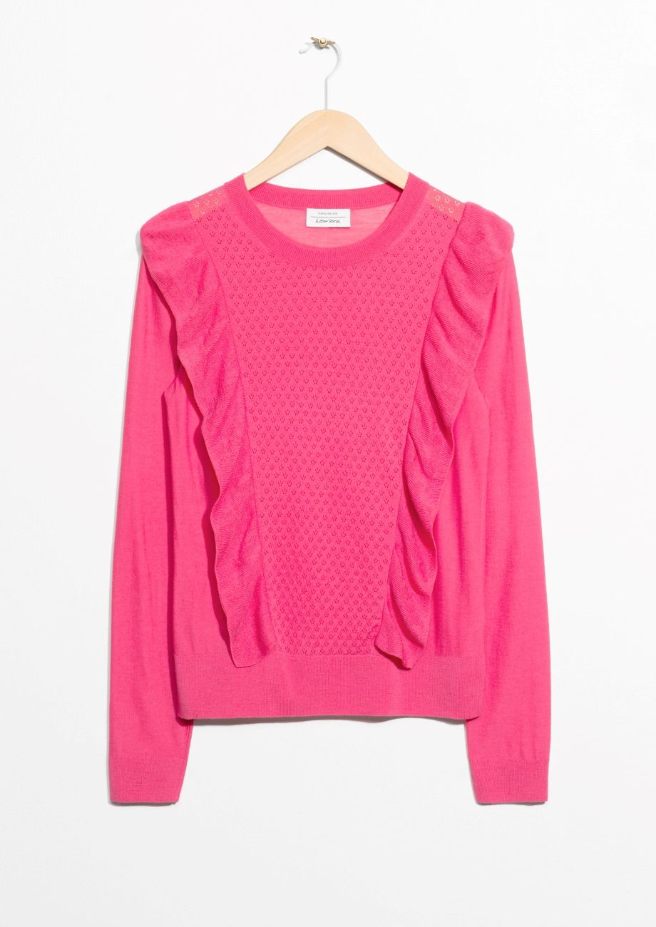 Clothing, Pink, Sleeve, Outerwear, Magenta, Neck, T-shirt, Blouse, Sweater, Top, 