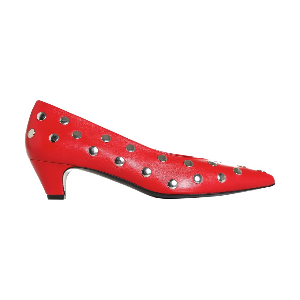 Footwear, Red, Shoe, Court shoe, High heels, Design, Carmine, Leather, Pattern, Polka dot, 