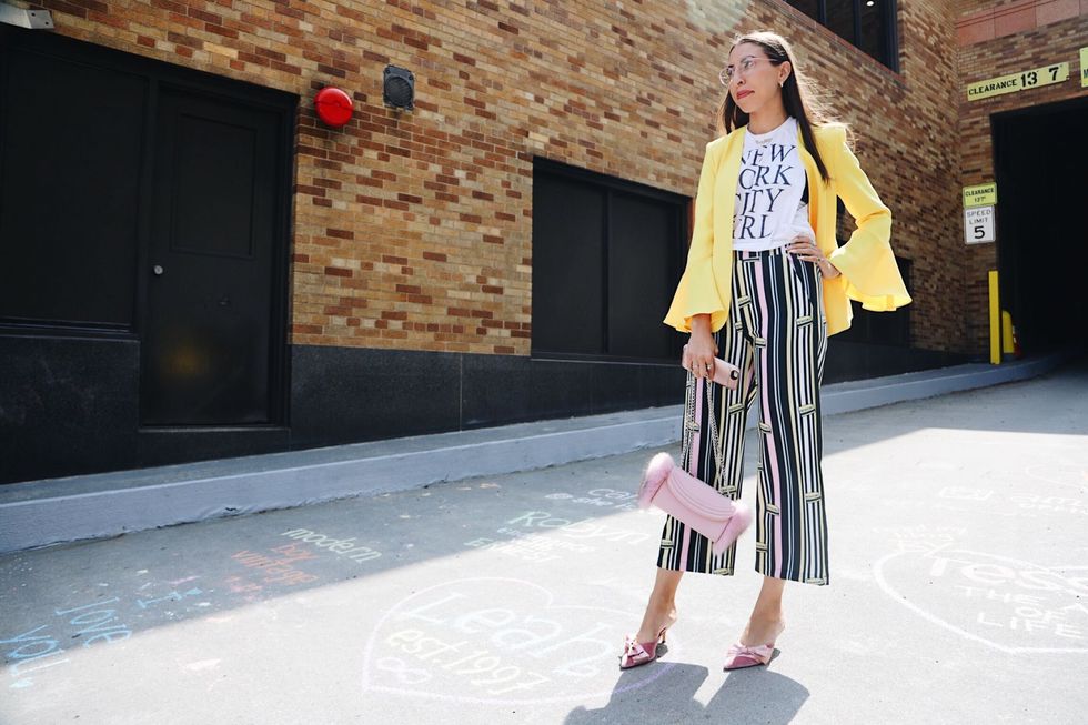 Street fashion, Clothing, Fashion, Shoulder, Yellow, Footwear, Pink, Outerwear, Joint, Dress, 