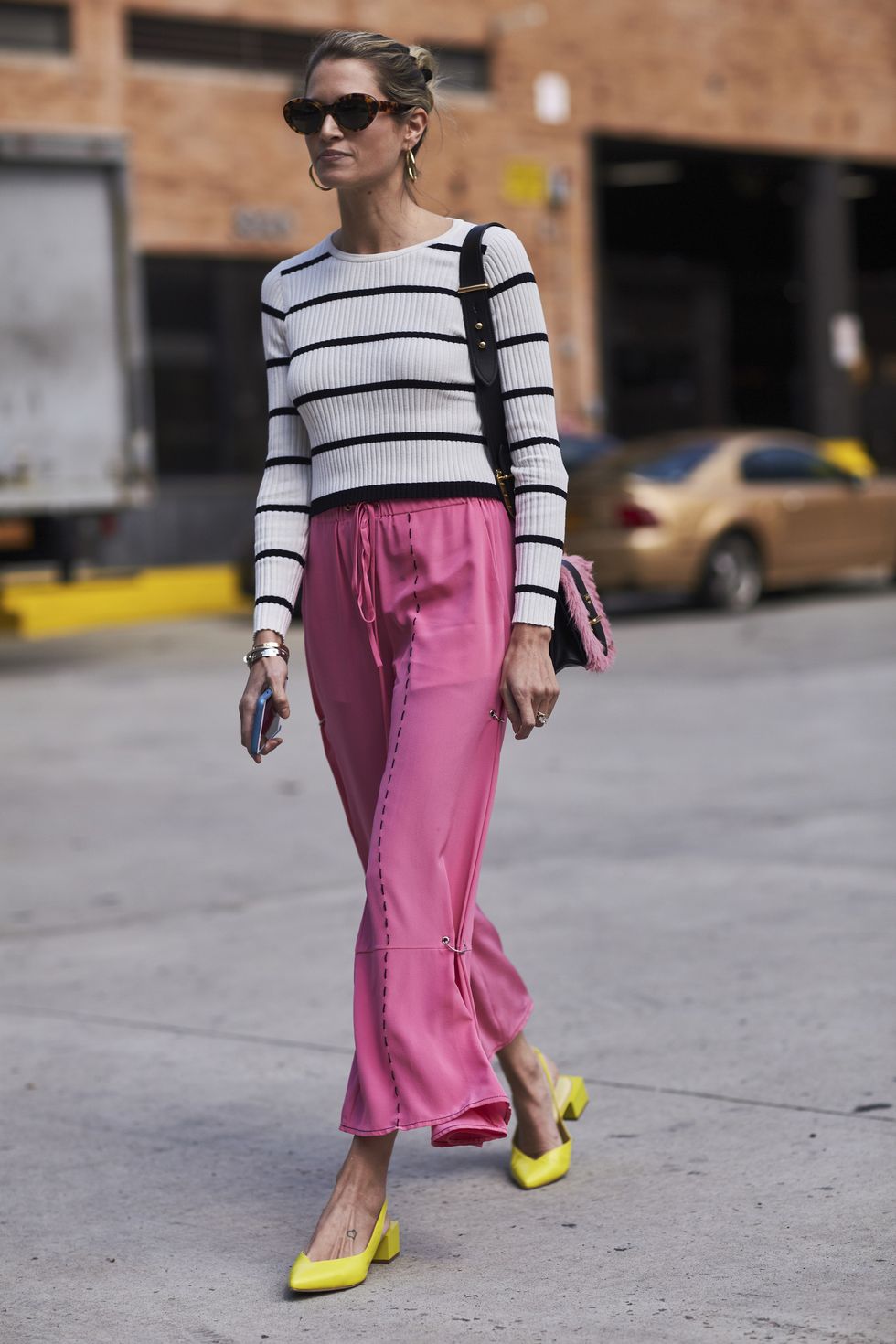 Clothing, Street fashion, Pink, Fashion, Yellow, Fashion model, Waist, Snapshot, Footwear, Shoe, 