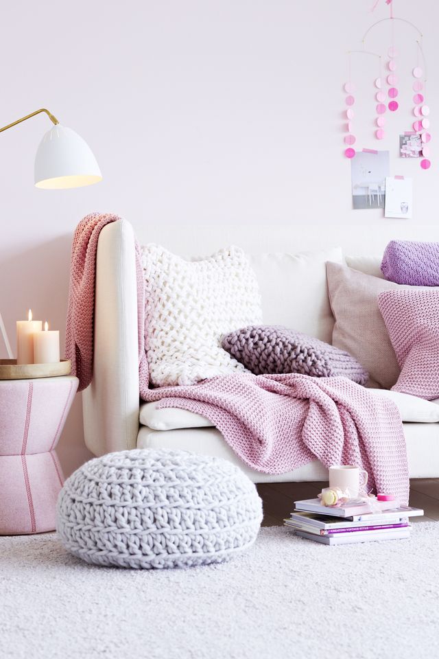 Pink, Furniture, Room, Purple, Lilac, Interior design, Living room, Bedroom, Cushion, Table, 