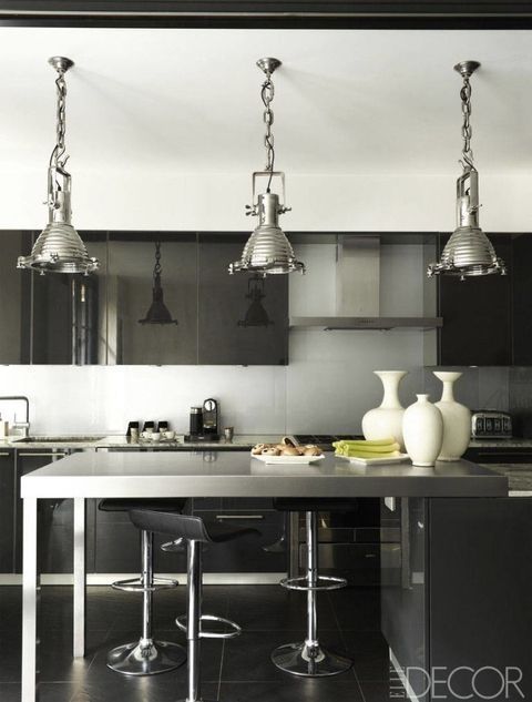 White, Black, Countertop, Room, Kitchen, Furniture, Black-and-white, Interior design, Lighting, Light fixture, 