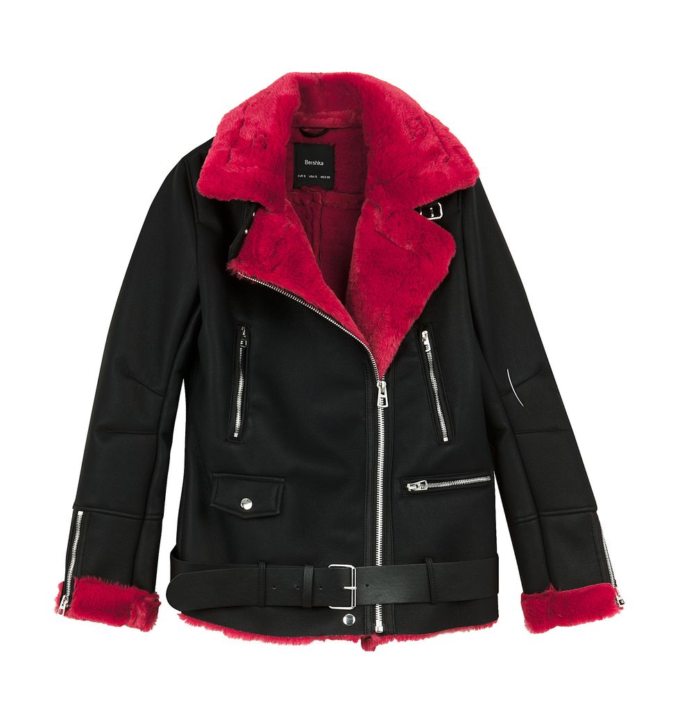 Clothing, Jacket, Outerwear, Sleeve, Red, Leather jacket, Pink, Fashion, Collar, Fur, 