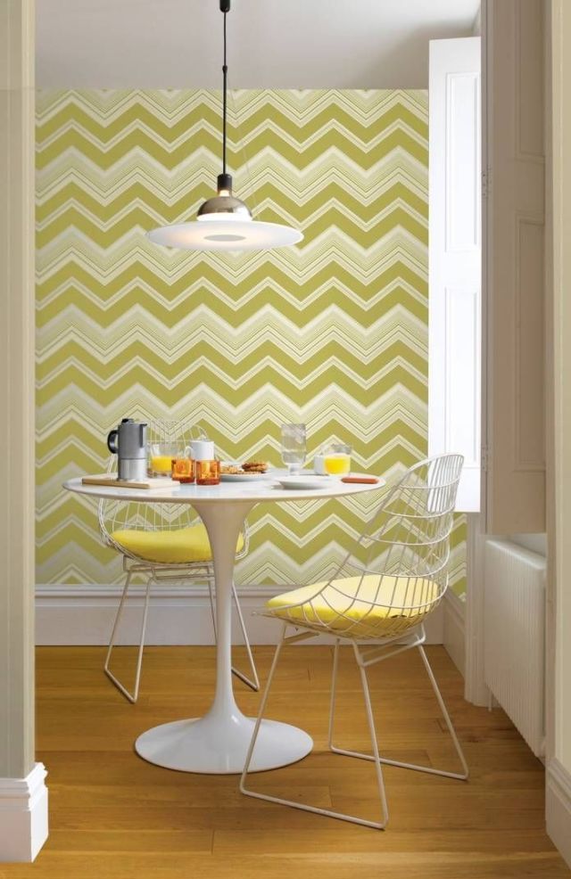 Interior design, Yellow, Room, Furniture, Wall, Window treatment, Curtain, Window covering, Wallpaper, Floor, 