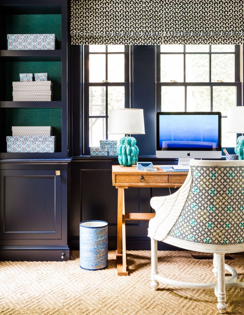 Furniture, Room, Turquoise, Green, Desk, Interior design, Blue, Table, Computer desk, Wall, 