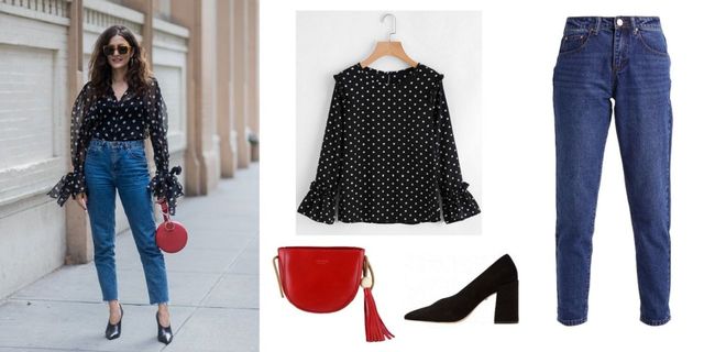 Clothing, Jeans, Polka dot, Blue, Red, Pattern, Footwear, Denim, Fashion, Shoulder, 