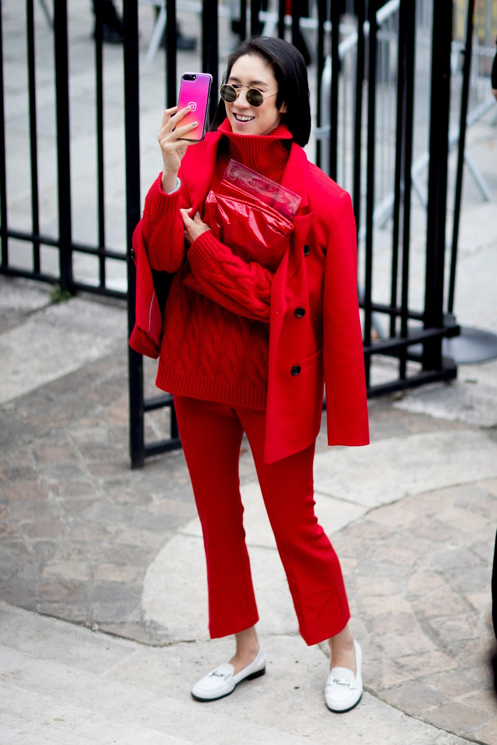 Red, Clothing, Street fashion, Fashion, Coat, Pink, Outerwear, Fur, Footwear, Trench coat, 