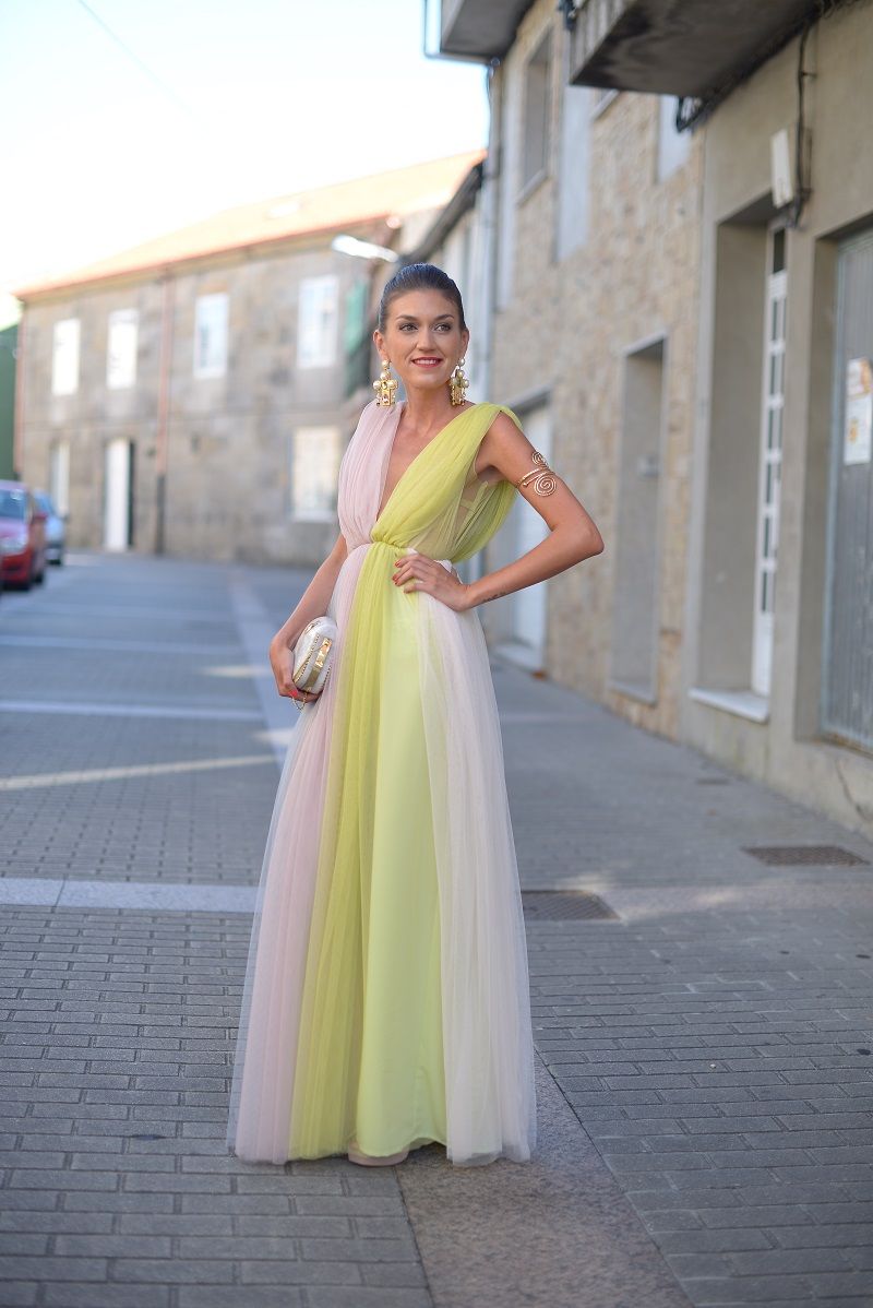Dress, Clothing, Shoulder, Photograph, Yellow, Gown, Pink, Beauty, A-line, Formal wear, 