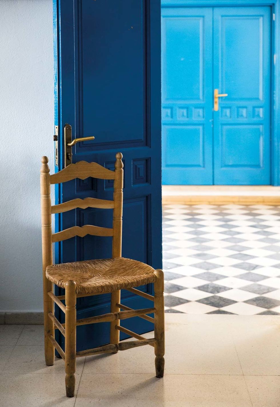 Blue, Furniture, Chair, Room, Door, Architecture, Wood, Table, Floor, Interior design, 