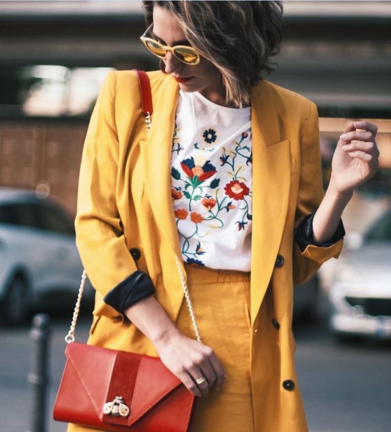 Clothing, Street fashion, Blazer, Outerwear, Yellow, Orange, Fashion, Jacket, Coat, Snapshot, 